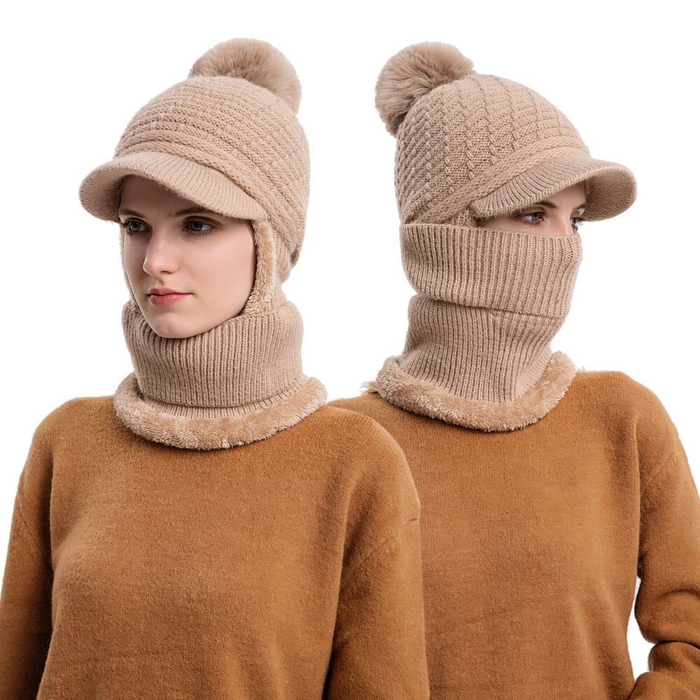 7694 Fleece Lined Beanie Knit Hat with Brim, Winter Scarf Mask Set ,Girls